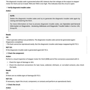 K&ouml;nnte beinhalten: Eine Seite aus einem Handbuch mit Diagnoseanweisungen f&uuml;r einen Schrittmotor in einem Anh&auml;ngersystem. Der Text umfasst die &Uuml;berpr&uuml;fung von Fehlercodes, die &Uuml;berpr&uuml;fung von Komponenten und die Inspektion von Schaltkreisen. Wei&szlig;es Dokument mit schwarzem Text.
