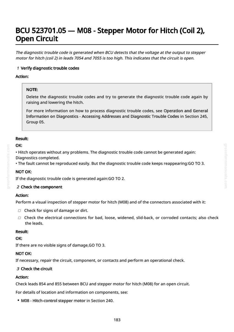 K&ouml;nnte beinhalten: Eine Seite aus einem Handbuch mit Diagnoseanweisungen f&uuml;r einen Schrittmotor in einem Anh&auml;ngersystem. Der Text umfasst die &Uuml;berpr&uuml;fung von Fehlercodes, die &Uuml;berpr&uuml;fung von Komponenten und die Inspektion von Schaltkreisen. Wei&szlig;es Dokument mit schwarzem Text.