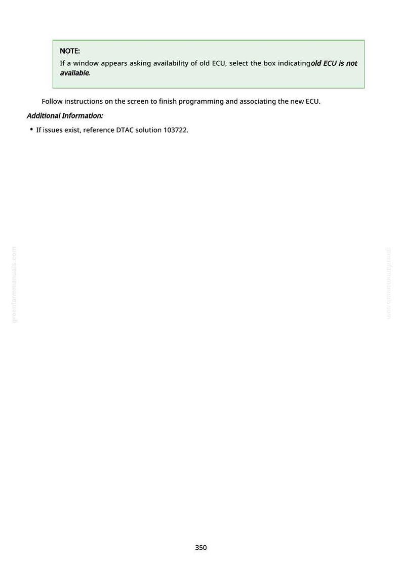 May include: A white page with text instructions. A green box highlights a note about selecting "old ECU is not available." Additional information includes a reference to DTAC solution 103722.