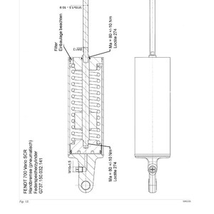 May include: Technical diagram of a Fendt 700 Vario SCR brake system, featuring a parking brake assembly. The diagram includes detailed schematics, measurements, and labels for components like the spring cylinder and Loctite 274.