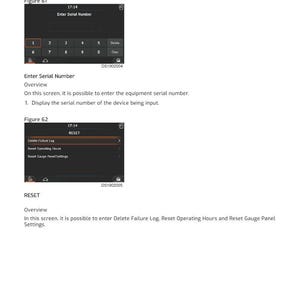 Puede incluir: Una captura de pantalla de la interfaz de un dispositivo, que muestra opciones para ingresar un n&uacute;mero de serie y restablecer la configuraci&oacute;n. La pantalla muestra un teclado num&eacute;rico y opciones de men&uacute; como "Borrar registro de fallos".