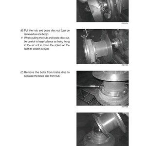May include: A series of four images illustrating automotive repair steps. Text instructions include pulling the ring gear carrier, hub and brake disc, and removing bolts. The images show close-ups of mechanical components.