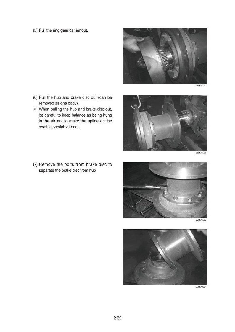 May include: A series of four images illustrating automotive repair steps. Text instructions include pulling the ring gear carrier, hub and brake disc, and removing bolts. The images show close-ups of mechanical components.