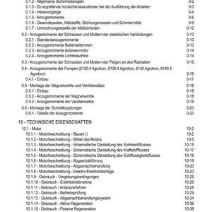 May include: A detailed table of contents from a technical manual, with headings and subheadings in German. The document covers topics like engine specifications, safety guidelines, and maintenance procedures.