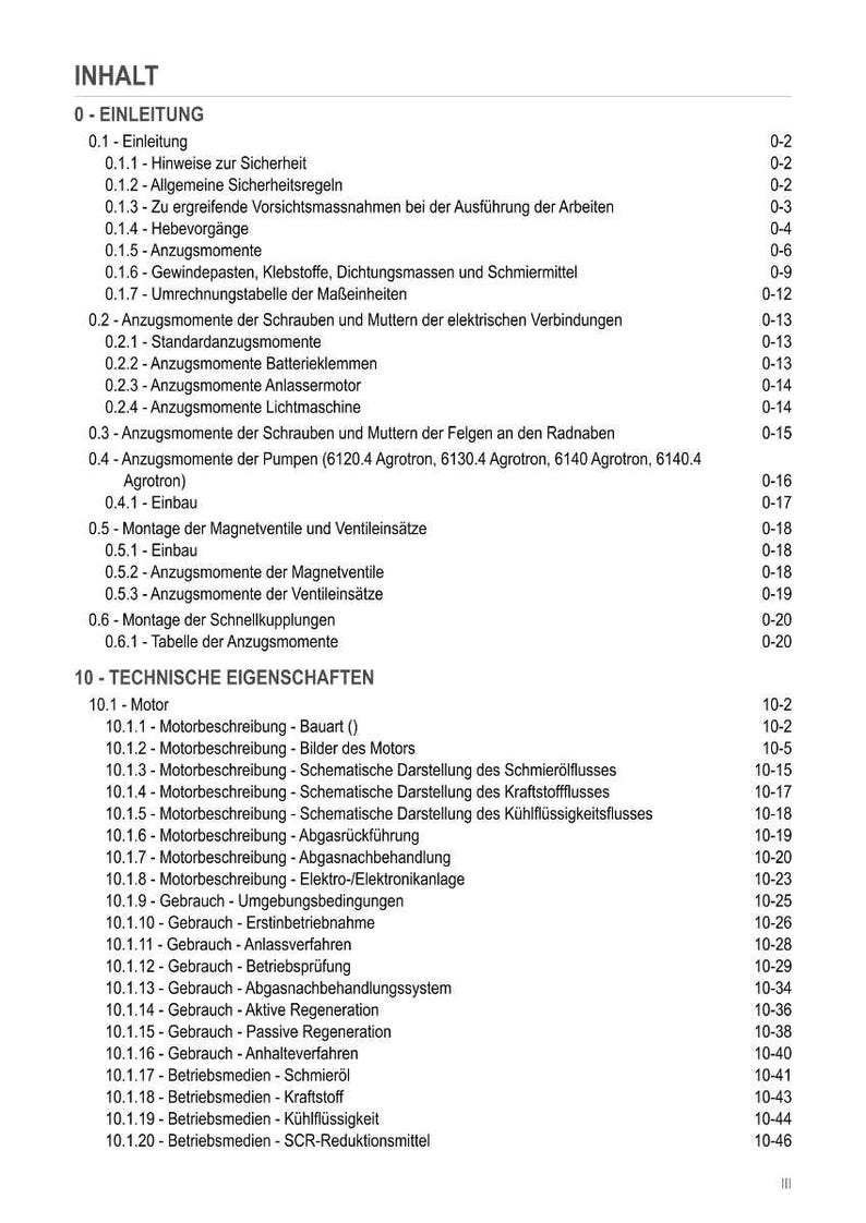 May include: A detailed table of contents from a technical manual, with headings and subheadings in German. The document covers topics like engine specifications, safety guidelines, and maintenance procedures.
