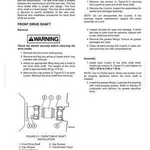 May include: Technical diagram of a front drive shaft installation, with labeled components and instructions. Includes a warning and detailed steps for removal and assembly, with measurements in pounds and feet.