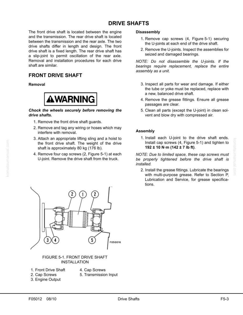 May include: Technical diagram of a front drive shaft installation, with labeled components and instructions. Includes a warning and detailed steps for removal and assembly, with measurements in pounds and feet.