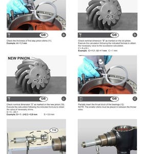 May include: Illustrated guide for installing and adjusting a bevel pinion. Includes diagrams and instructions for checking dimensions, inserting thrust blocks, and connecting tension rods. Features close-up views of mechanical components.