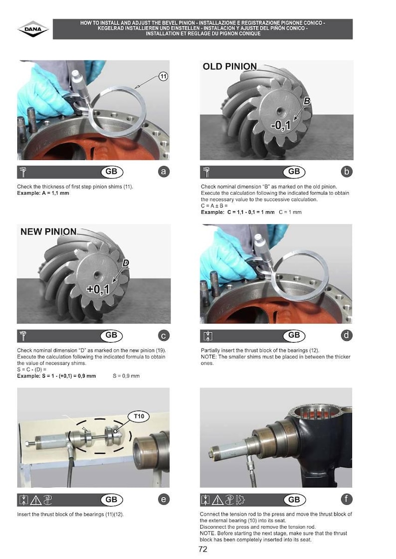 May include: Illustrated guide for installing and adjusting a bevel pinion. Includes diagrams and instructions for checking dimensions, inserting thrust blocks, and connecting tension rods. Features close-up views of mechanical components.