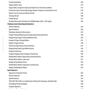 May include: A white-backgrounded page from a manual with a list of agricultural equipment maintenance topics. Topics include seed meter repair, seed disk installation, and seed opener maintenance. The page also includes a trademark notice.