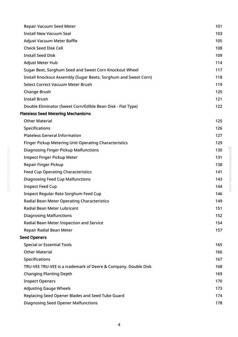 May include: A white-backgrounded page from a manual with a list of agricultural equipment maintenance topics. Topics include seed meter repair, seed disk installation, and seed opener maintenance. The page also includes a trademark notice.
