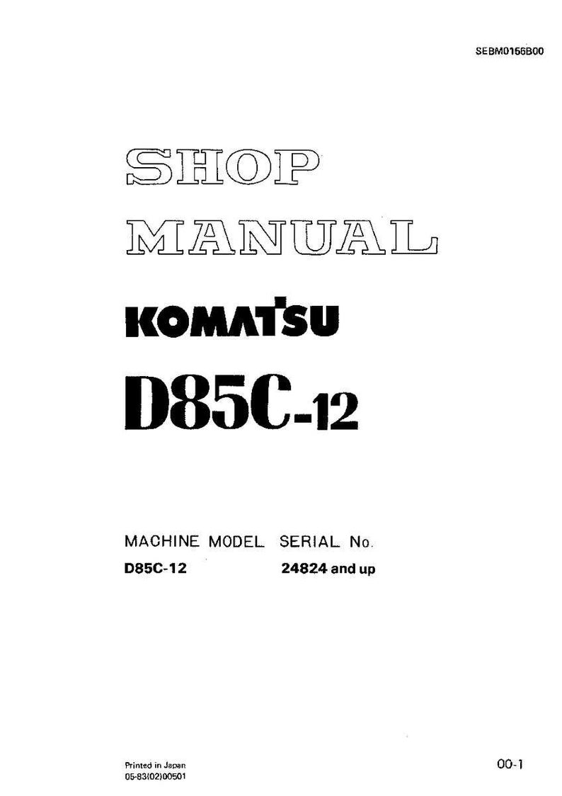 May include: A white shop manual cover with black text. The title "SHOP MANUAL" is at the top, followed by the "KOMATSU" logo and "D85C-12". Below, it lists the machine model and serial number.