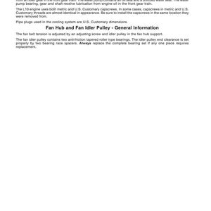 May include: A page from a manual detailing the Water Pump Assembly and Fan Hub and Fan Idler Pulley. The text describes the components, including the impeller, oil seal, and bearings, and provides installation instructions.