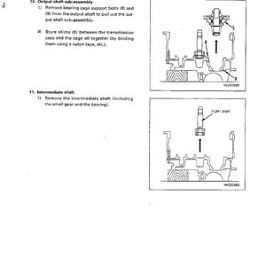 May include: Diagram of a Torqflow transmission disassembly and assembly. The image includes detailed illustrations of the output shaft sub-assembly and intermediate shaft removal, with labels and part numbers for reference. Text includes instructions and part numbers.