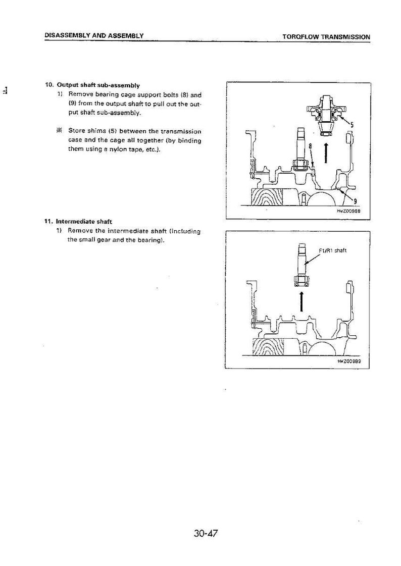 May include: Diagram of a Torqflow transmission disassembly and assembly. The image includes detailed illustrations of the output shaft sub-assembly and intermediate shaft removal, with labels and part numbers for reference. Text includes instructions and part numbers.