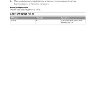 May include: A white document with black text detailing maintenance procedures. The document includes a table with SPN and FMI codes, and a description of an SCR system malfunction. The document is labeled with the number 3.15.9.