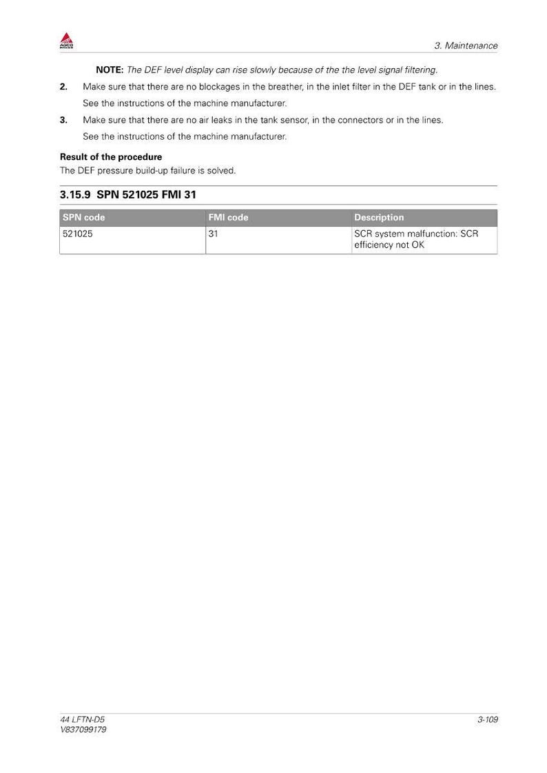 May include: A white document with black text detailing maintenance procedures. The document includes a table with SPN and FMI codes, and a description of an SCR system malfunction. The document is labeled with the number 3.15.9.
