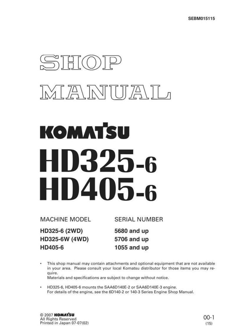 May include: A white shop manual with black text. The title "SHOP MANUAL" is at the top. Below is the Komatsu logo and model numbers HD325-6 and HD405-6. Includes machine model and serial number information.