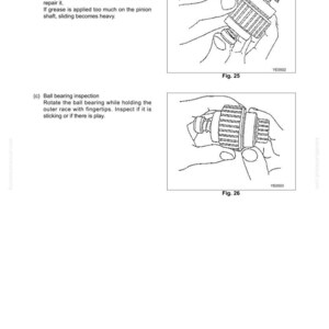 Puede incluir: Diagramas de un manual que muestran la inspecci&oacute;n de un motor de arranque. Un diagrama muestra una inspecci&oacute;n de deslizamiento del pi&ntilde;&oacute;n, y el otro muestra una inspecci&oacute;n del rodamiento de bolas. El texto incluye los n&uacute;meros de figura y la serie 94E-98E.
