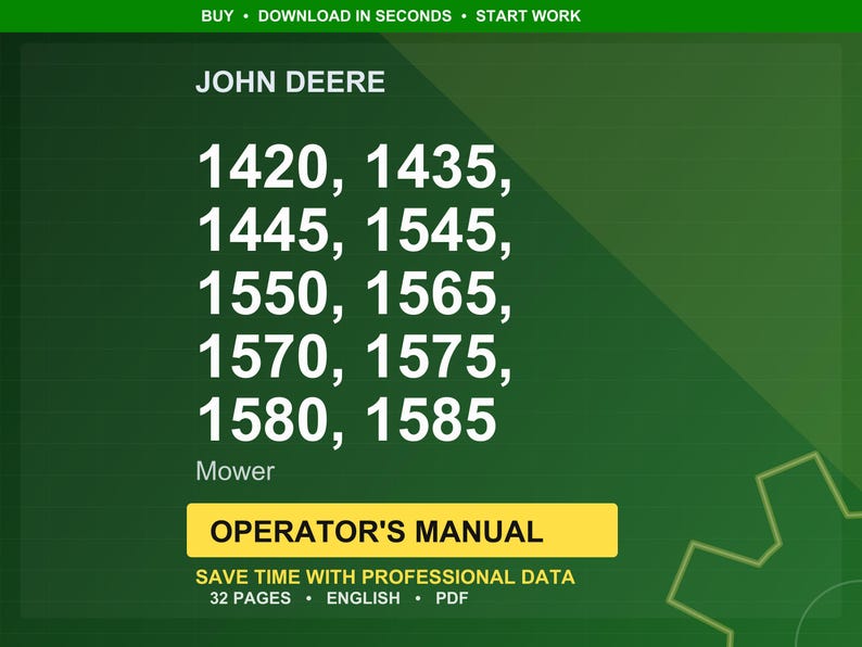 Może przedstawiać: Zielone tło z logo John Deere i listą numer&oacute;w modeli kosiarek: 1420, 1435, 1445, 1545, 1550, 1565, 1570, 1575, 1580 i 1585. Słowo "Kosiarka" znajduje się pod numerami modeli. Ż&oacute;łty prostokąt z napisem "INSTRUKCJA OBSŁUGI".