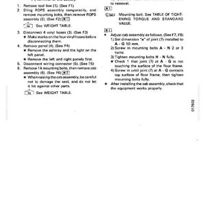 May include: A page from a manual detailing the removal and installation of a cab assembly. Instructions include disconnecting cables, removing bolts, and connecting wiring. Text is in black on a white background.