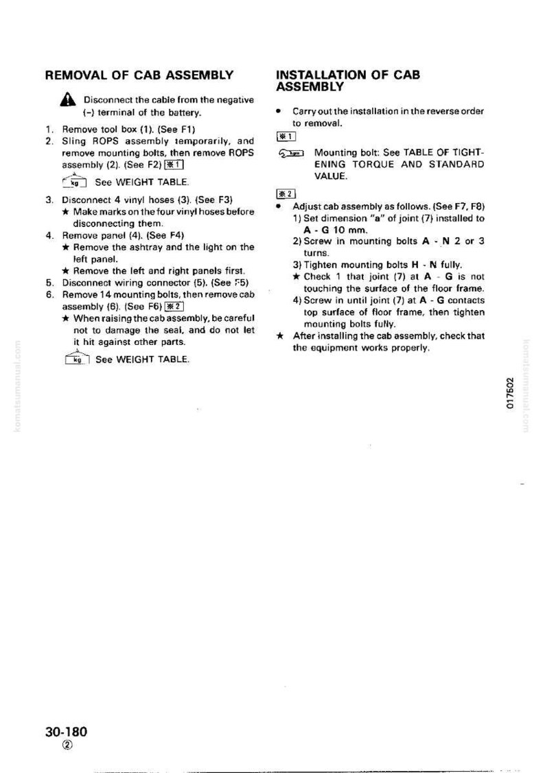May include: A page from a manual detailing the removal and installation of a cab assembly. Instructions include disconnecting cables, removing bolts, and connecting wiring. Text is in black on a white background.