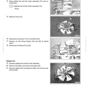 May include: Diagram of a cooling fan and fan motor assembly with numbered parts and instructions for removal and installation. Includes images of the fan, bolts, and connectors. The text indicates the radiator fan assembly weighs 60 kg.