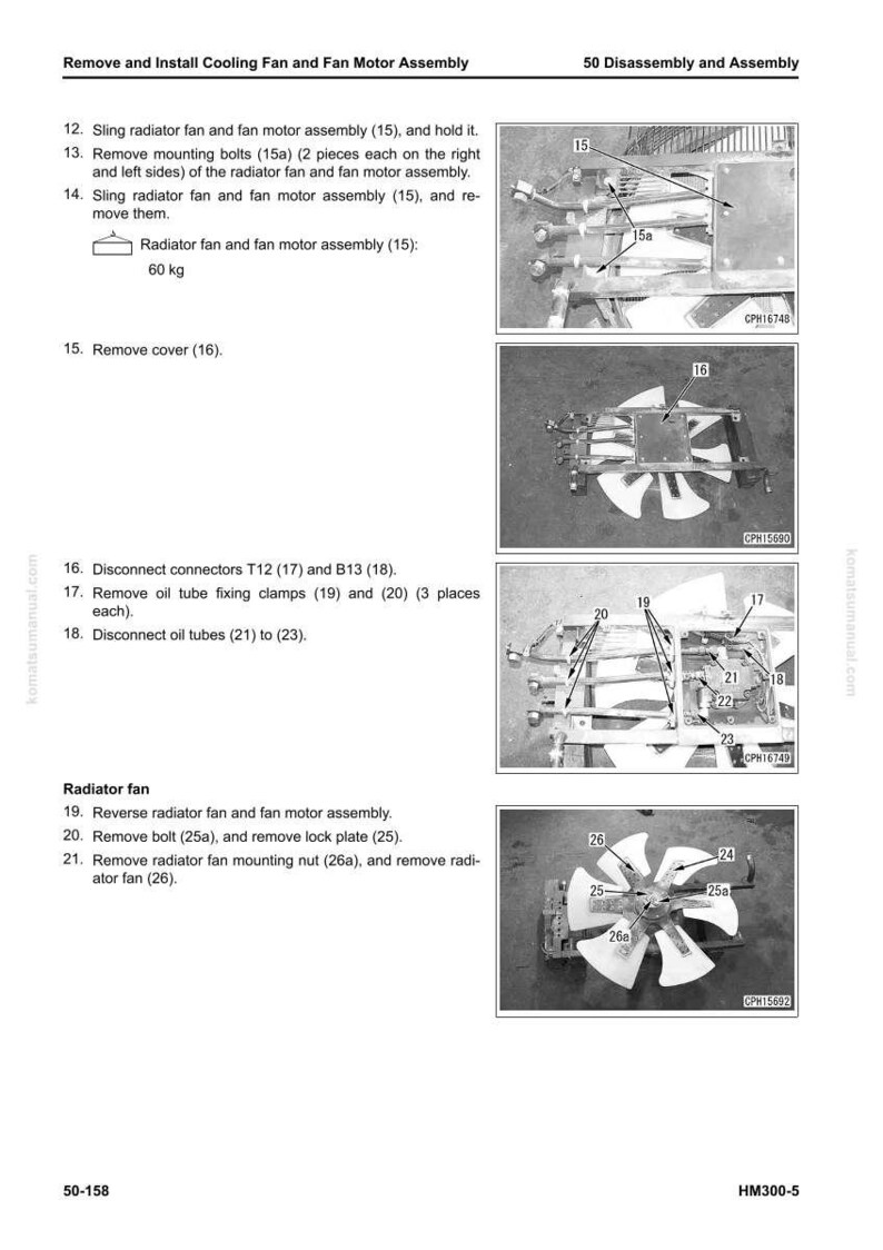 May include: Diagram of a cooling fan and fan motor assembly with numbered parts and instructions for removal and installation. Includes images of the fan, bolts, and connectors. The text indicates the radiator fan assembly weighs 60 kg.