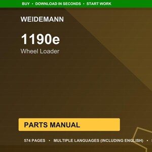 Könnte beinhalten: Titelseite eines digitalen Dokuments mit dem Weidemann-Logo und dem Titel "1190e Wheel Loader". Das Cover ist braun mit einem gelben Rechteck mit der Aufschrift "PARTS MANUAL". Das Dokument umfasst 574 Seiten und ist in mehreren Sprachen verfügbar.