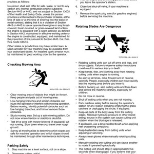 May include: Safety instructions page with text about using a spark arrestor, checking the mowing area, and parking safely. Includes warnings about rotating blades and potential injuries. Page 8.