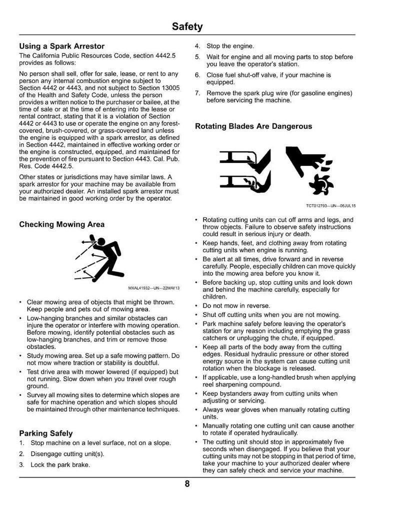 May include: Safety instructions page with text about using a spark arrestor, checking the mowing area, and parking safely. Includes warnings about rotating blades and potential injuries. Page 8.