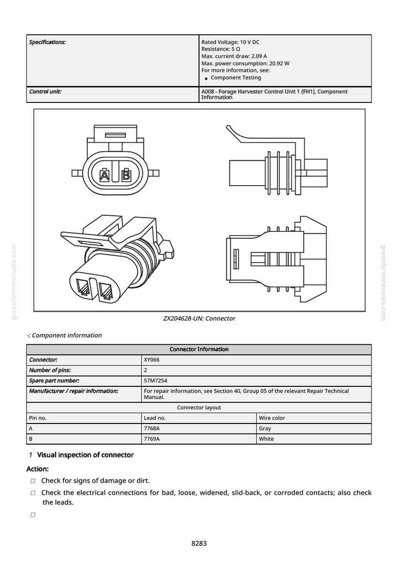 K&ouml;nnte beinhalten: Technische Zeichnung eines Steckverbinders, ZX204628-UN, mit Angaben zu Spannung, Widerstand und Stromverbrauch. Enth&auml;lt Steckerdetails: XY066, 2 Pins und Drahtfarben grau und wei&szlig;.