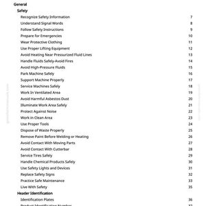 May include: A white document titled "Table of Contents" with a list of safety topics. The document includes sections on safety, including topics like "Wear Protective Clothing" and "Avoid High-Pressure Fluids."