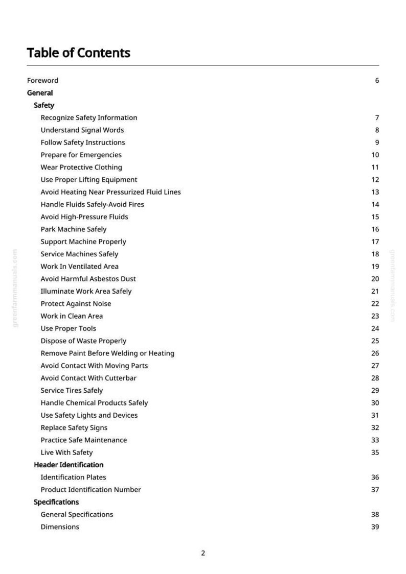 May include: A white document titled "Table of Contents" with a list of safety topics. The document includes sections on safety, including topics like "Wear Protective Clothing" and "Avoid High-Pressure Fluids."