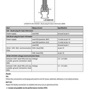 May include: Diagram of a 26-pin plug for a basic informator, labeled LX1024131. The image includes a table detailing power supply specifications, including voltage and pin locations for various leads.
