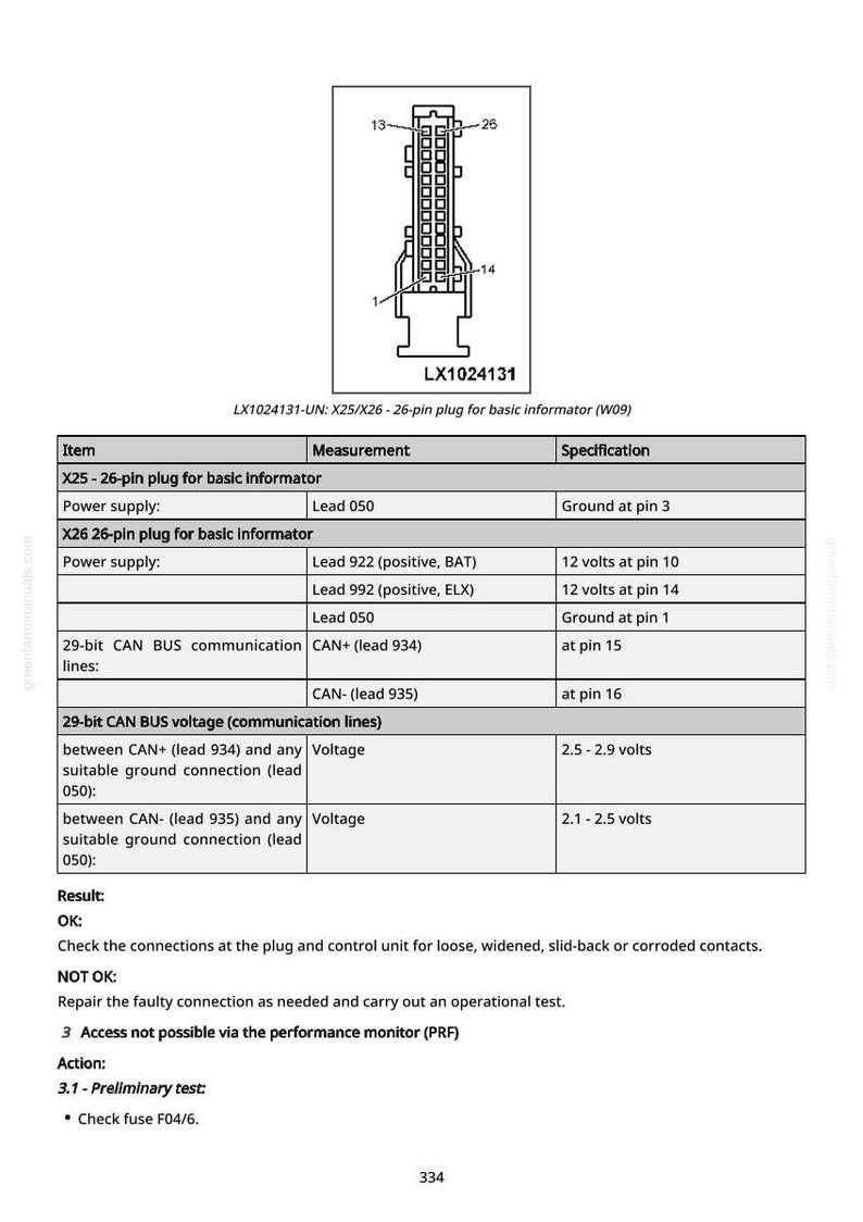 May include: Diagram of a 26-pin plug for a basic informator, labeled LX1024131. The image includes a table detailing power supply specifications, including voltage and pin locations for various leads.