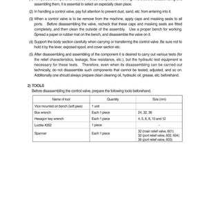 Op de afbeelding: Een pagina uit een handleiding over het demonteren en monteren van hydraulische componenten. Bevat algemene voorzorgsmaatregelen en een gereedschapslijst met maten in mm voor sleutels. Zwarte tekst op witte achtergrond.