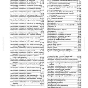 May include: A page from a Komatsu WA200-6 service manual, featuring an index of maintenance procedures. The index lists procedures for engine, hydraulic, and electrical systems, with page numbers for easy reference. The manual is for heavy equipment.