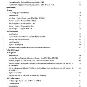 Puede incluir: Una tabla de contenido detallada de un manual, que enumera la reparaci&oacute;n del motor, el sistema de enfriamiento, la reparaci&oacute;n de combustible y aire, y los temas del sistema de admisi&oacute;n de aire. Incluye n&uacute;meros de p&aacute;gina para cada secci&oacute;n.