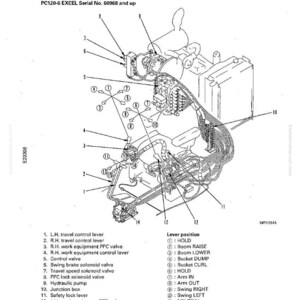 May include: Diagram of a valve control system for a PC120-6 EXCEL, with labels for components like levers, valves, and the hydraulic pump. The diagram includes text and numbered references.