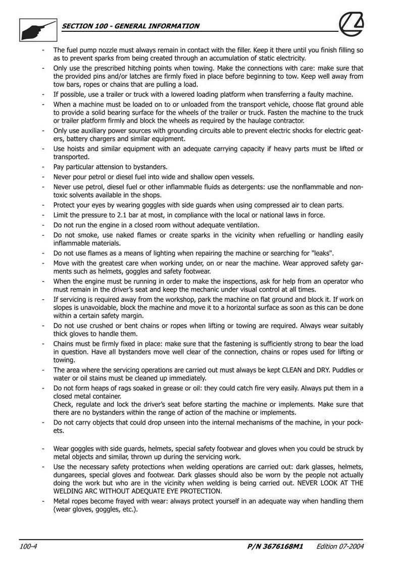 May include: A page from a manual with safety instructions. The text includes warnings about fuel, welding, and general machine operation. The document is titled "SECTION 100 - GENERAL INFORMATION."