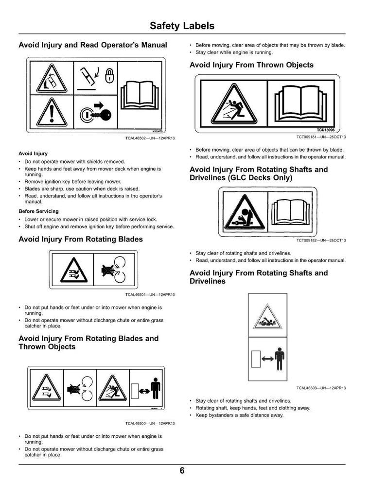 May include: A page titled "Safety Labels" with multiple safety warnings. The warnings include illustrations and text about avoiding injury from rotating blades, thrown objects, and rotating shafts. The text includes instructions and warnings.