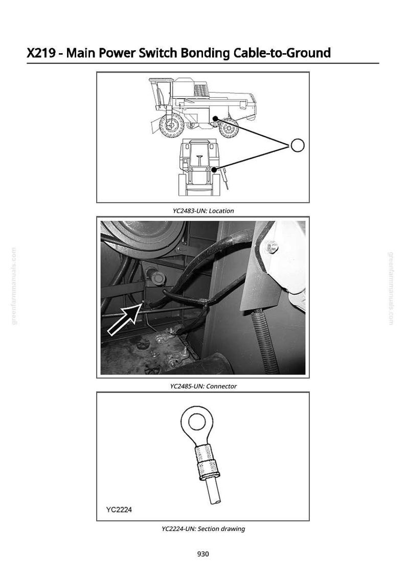 May include: Diagram of a main power switch bonding cable-to-ground. The image includes a diagram of a vehicle, a close-up of the cable, and a connector. Text includes "X219", "YC2483-UN", "YC2485-UN", and "YC2224-UN".