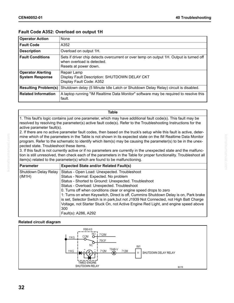 May include: A troubleshooting guide page with text and a circuit diagram. The text includes fault codes, descriptions, and expected states for a shutdown delay relay. The diagram shows electrical components and connections.