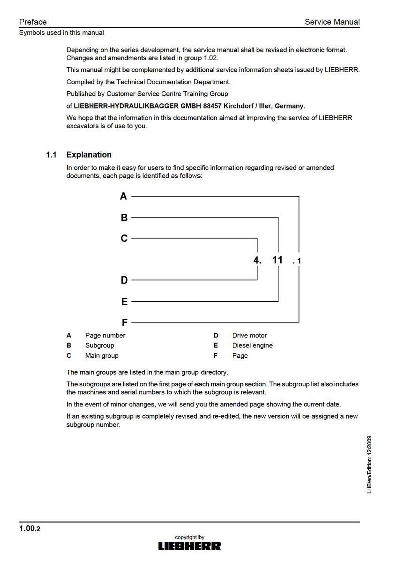 Może przedstawiać: Strona instrukcji serwisowej z tytułem "Service Manual" i logo "LIEBHERR". Strona zawiera tekst, diagramy i tabelę wyjaśniającą strukturę instrukcji, w tym numery stron, podgrupy i grupy gł&oacute;wne.