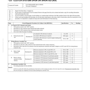 May include: A troubleshooting page from a service manual, titled "(TM-54) FAILURE CODE [DDTJKA]" and "LO CLUTCH SYSTEM OPEN OR SHORTED (KA)". The document includes diagnostic procedures, specifications, and readings for electrical system tests. The page is printed on white paper.