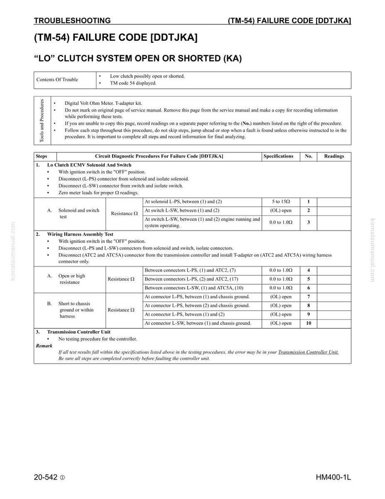 May include: A troubleshooting page from a service manual, titled "(TM-54) FAILURE CODE [DDTJKA]" and "LO CLUTCH SYSTEM OPEN OR SHORTED (KA)". The document includes diagnostic procedures, specifications, and readings for electrical system tests. The page is printed on white paper.