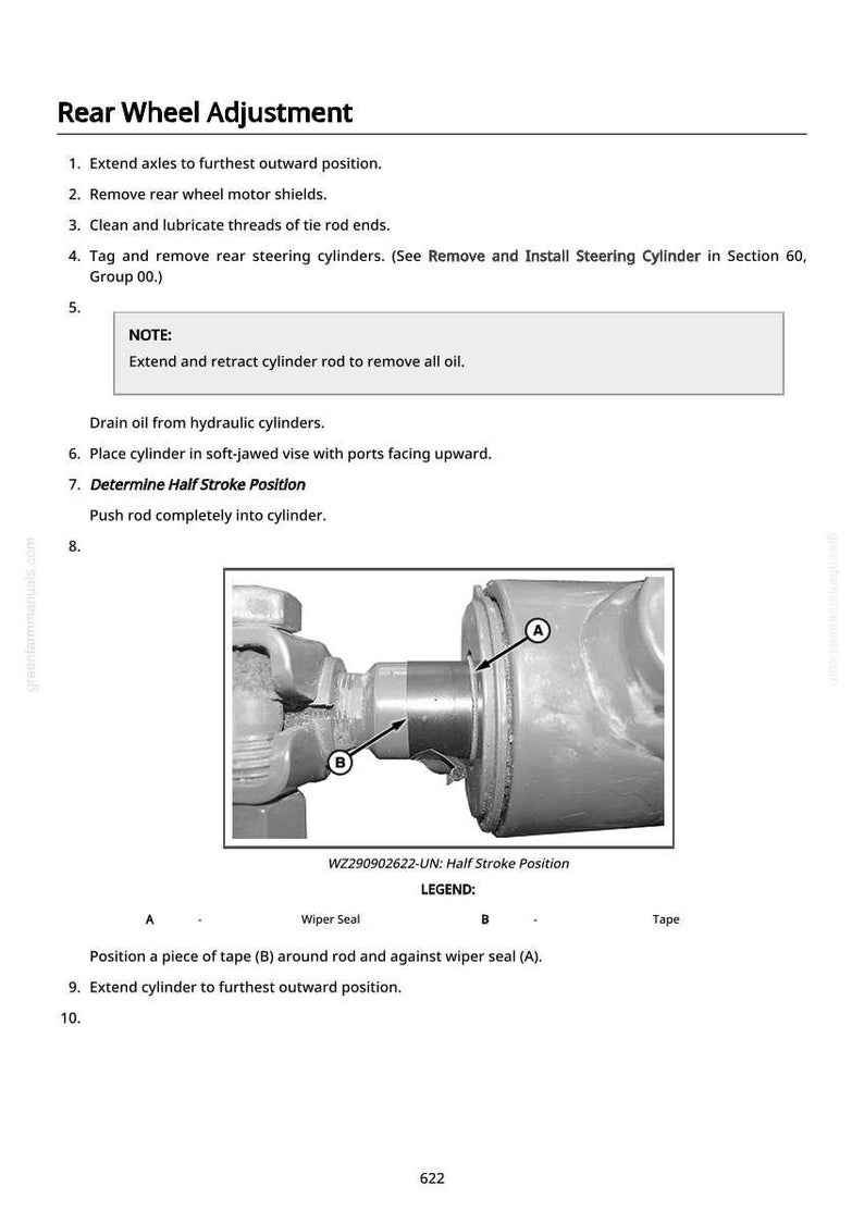 May include: A detailed diagram from a manual, titled "Rear Wheel Adjustment." It includes instructions and a close-up of a mechanical component with labels A and B, and the text "WZ290902622-UN: Half Stroke Position."