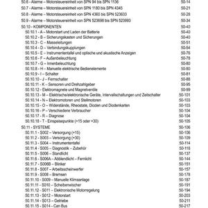 May include: A detailed table of contents in German, listing various automotive components and systems. The document includes sections on alarms, components, and systems, with corresponding page numbers. The text is printed in black on a white background.