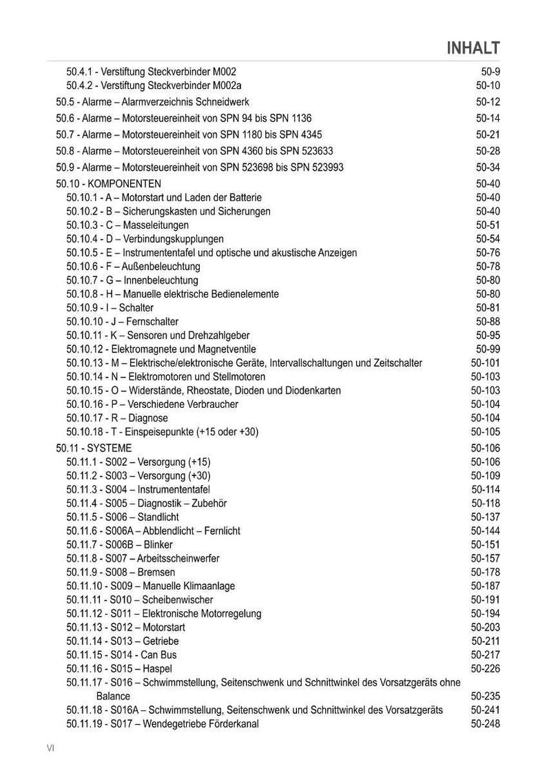 May include: A detailed table of contents in German, listing various automotive components and systems. The document includes sections on alarms, components, and systems, with corresponding page numbers. The text is printed in black on a white background.